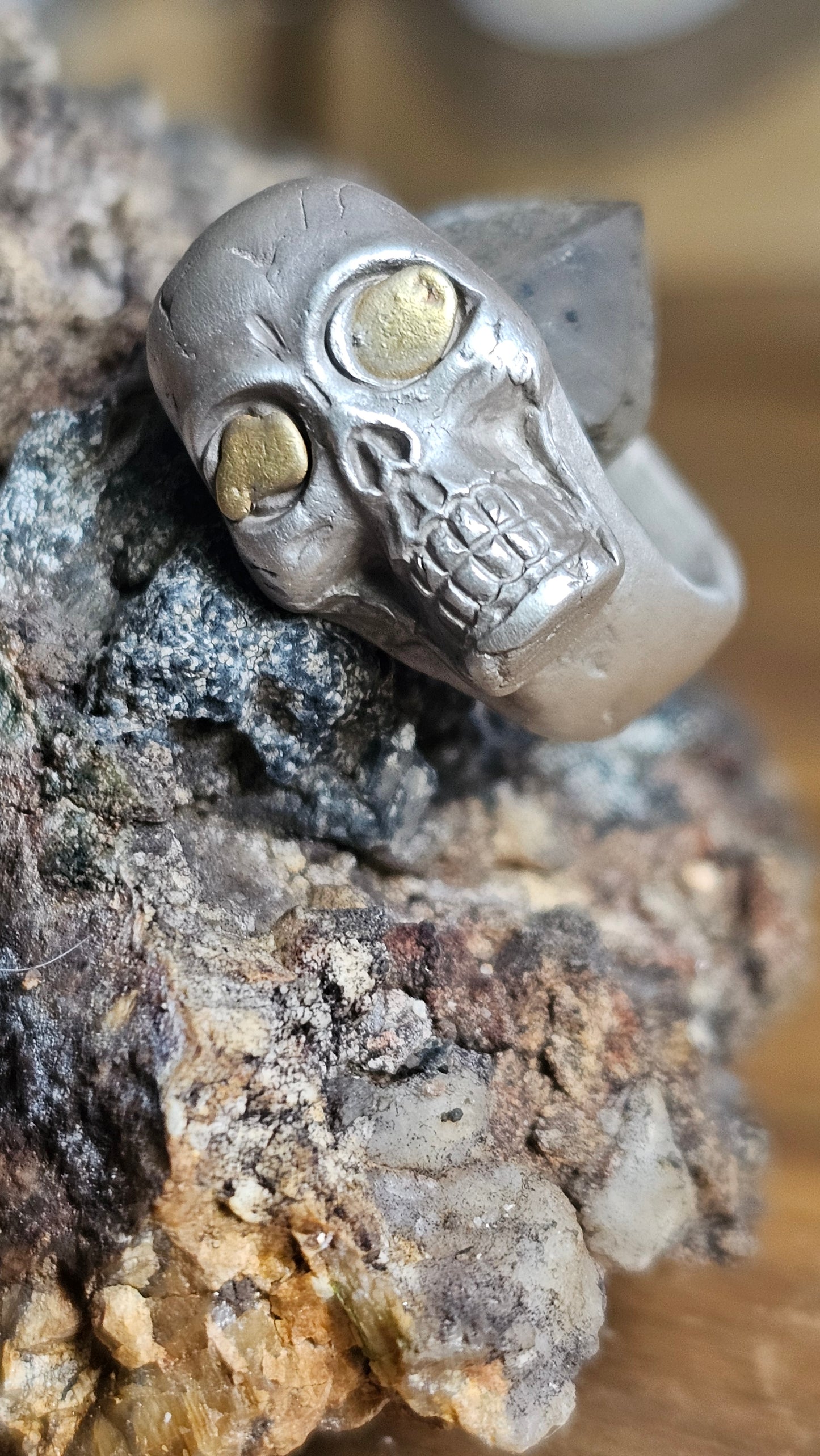 .999 Silver Skull and Gold Nugget Ring